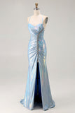 Sparkly Light Blue Mermaid Ruched Metallic Long Prom Dress