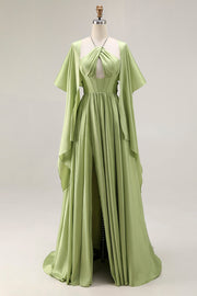 Sage Green Corset Keyhole A Line Long Prom Dress with Slit