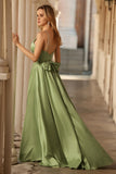 Sage Green A Line Keyhole Long Corset Prom Dress with Slit