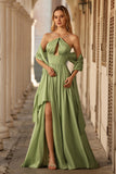 Sage Green A Line Keyhole Long Corset Prom Dress with Slit