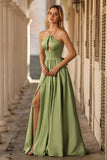 Sage Green A Line Keyhole Long Corset Prom Dress with Slit