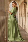 Sage Green A Line Keyhole Long Corset Prom Dress with Slit