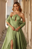 Sage Green A Line Keyhole Long Corset Prom Dress with Slit