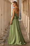 Sage Green A Line Keyhole Long Corset Prom Dress with Slit