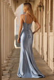 Sparkly Grey Blue Mermaid Corset Long Prom Dress with Slit