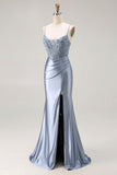 Sparkly Grey Blue Corset Mermaid Long Prom Dress with Beading