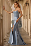 Sparkly Grey Blue Mermaid Corset Long Prom Dress with Slit