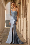 Sparkly Grey Blue Mermaid Corset Long Prom Dress with Slit