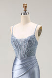 Sparkly Grey Blue Corset Mermaid Long Prom Dress with Beading