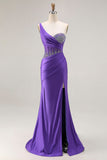 Sparkly Dark Purple Corset One Shoulder Long Prom Dress with Beading