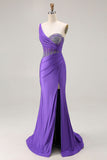 Sparkly Dark Purple Corset One Shoulder Long Prom Dress with Beading