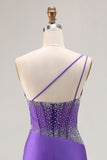 Sparkly Dark Purple Corset One Shoulder Long Prom Dress with Beading