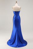 Sparkly Royal Blue Mermaid Satin Corset Long Prom Dress with Slit