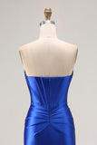 Sparkly Royal Blue Mermaid Satin Corset Long Prom Dress with Slit