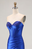 Sparkly Royal Blue Mermaid Satin Corset Long Prom Dress with Slit