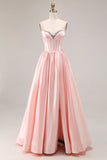 Sparkly Pink Satin Sweetheart A Line Long Prom Dress with Slit