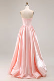 Sparkly Pink Satin Sweetheart A Line Long Prom Dress with Slit