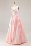 Sparkly Pink Satin Sweetheart A Line Long Prom Dress with Slit