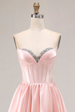 Sparkly Pink Satin Sweetheart A Line Long Prom Dress with Slit