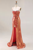 Sparkly Metallic Orange Mermaid Ruched Maxi Prom Dress with Slit