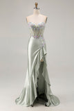 Sparkly Floral Dusty Sage Corset Sweetheart Long Prom Dress