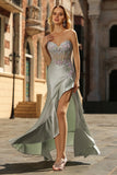 Sparkly Floral Dusty Sage Sweetheart Corset Long Prom Dress