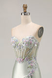 Sparkly Floral Dusty Sage Corset Sweetheart Long Prom Dress