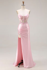 Sparkly Pink Corset Strapless Long Floral Prom Dress with Slit