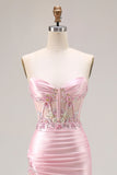 Sparkly Pink Corset Strapless Long Floral Prom Dress with Slit