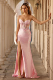 Sparkly Pink Strapless Corset Long Floral Prom Dress with Slit