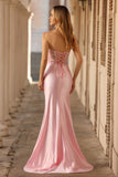 Sparkly Pink Strapless Corset Long Floral Prom Dress with Slit