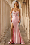Sparkly Pink Strapless Corset Long Floral Prom Dress with Slit