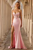 Sparkly Pink Strapless Corset Long Floral Prom Dress with Slit