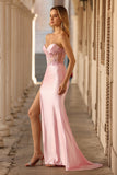 Sparkly Pink Strapless Corset Long Floral Prom Dress with Slit