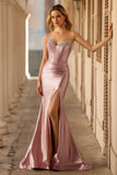 Sparkly Dusty Rose Corset Mermaid Long Prom Dress with Slit