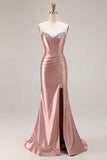 Sparkly Beaded Dusty Rose Mermaid Corset Long Prom Dress with Slit
