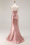 Sparkly Beaded Dusty Rose Mermaid Corset Long Prom Dress with Slit