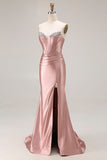 Sparkly Beaded Dusty Rose Mermaid Corset Long Prom Dress with Slit