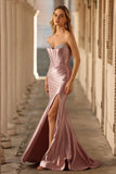 Sparkly Dusty Rose Corset Mermaid Long Prom Dress with Slit