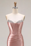 Sparkly Beaded Dusty Rose Mermaid Corset Long Prom Dress with Slit