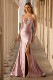 Sparkly Dusty Rose Corset Mermaid Long Prom Dress with Slit