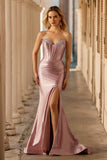 Sparkly Dusty Rose Corset Mermaid Long Prom Dress with Slit