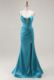 Peacock Blue Corset Satin Mermaid Maxi Prom Dress with Slit