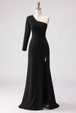 Black Sheath One Shoulder Long Mother of the Bride Dress with Slit