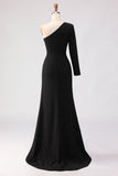 Black Sheath One Shoulder Long Mother of the Bride Dress with Slit