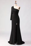 Black Sheath One Shoulder Long Mother of the Bride Dress with Slit