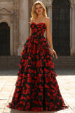 Black and Red Floral Strapless Ruffled Long Corset Prom Dress with Slit