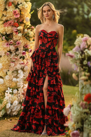 Black and Red Floral Strapless Ruffled Long Corset Prom Dress with Slit