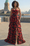 Black and Red Floral Strapless Ruffled Corset Maxi Prom Dress with Slit