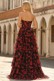 Black and Red Floral Strapless Ruffled Long Corset Prom Dress with Slit